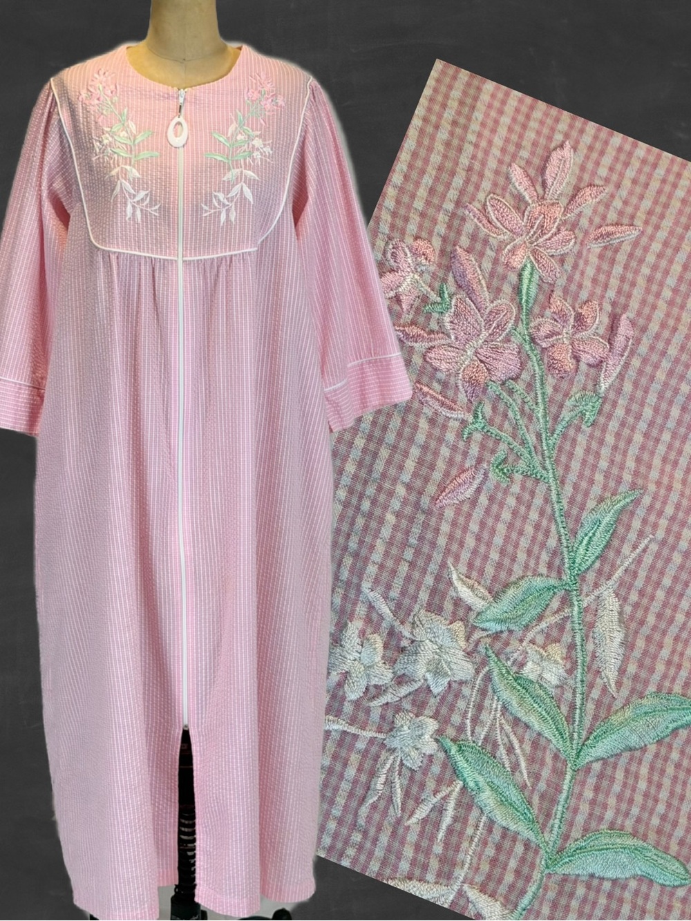 VINTAGE cottage seersucker robe zip up house dress loungewear pastel pink floral